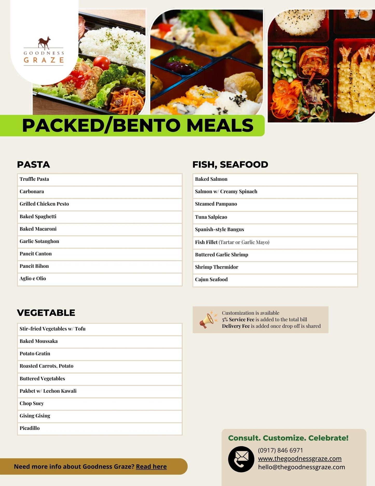 Menu for Goodness Graze packed/bento meals with various food items and contact information.