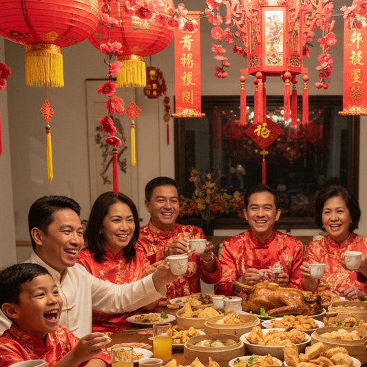 Happy Filipino family celebrating Lunar New Year with Chinese grazing table featuring Asian delicacies