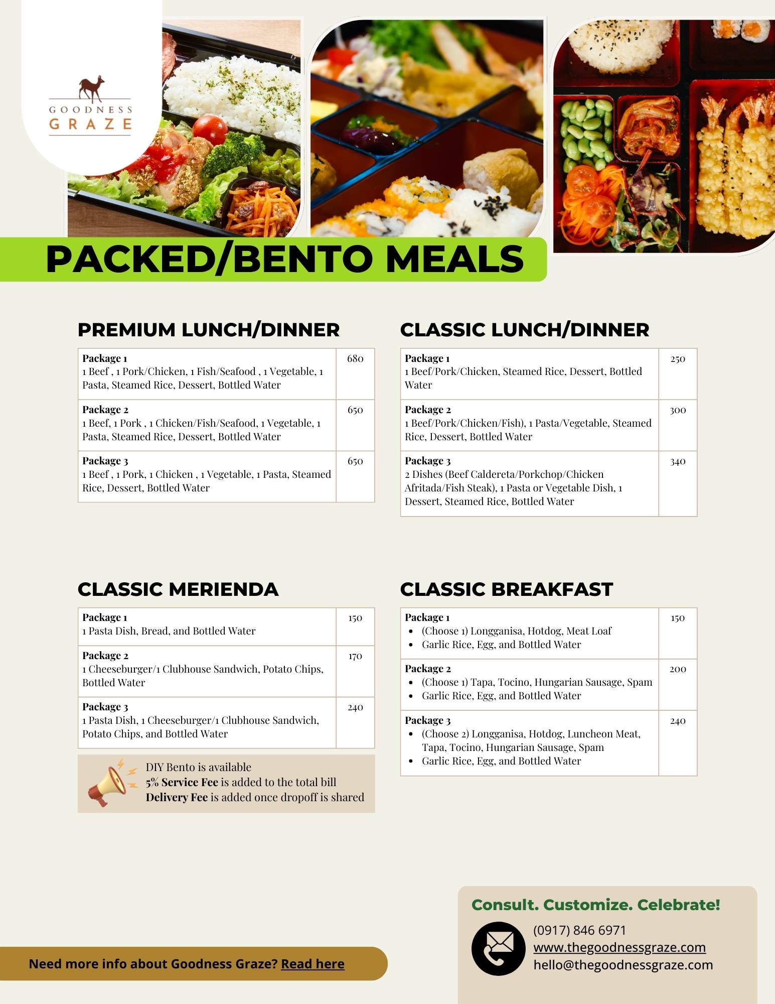 Menu for Goodness Graze packed/bento meals with images of various meals.