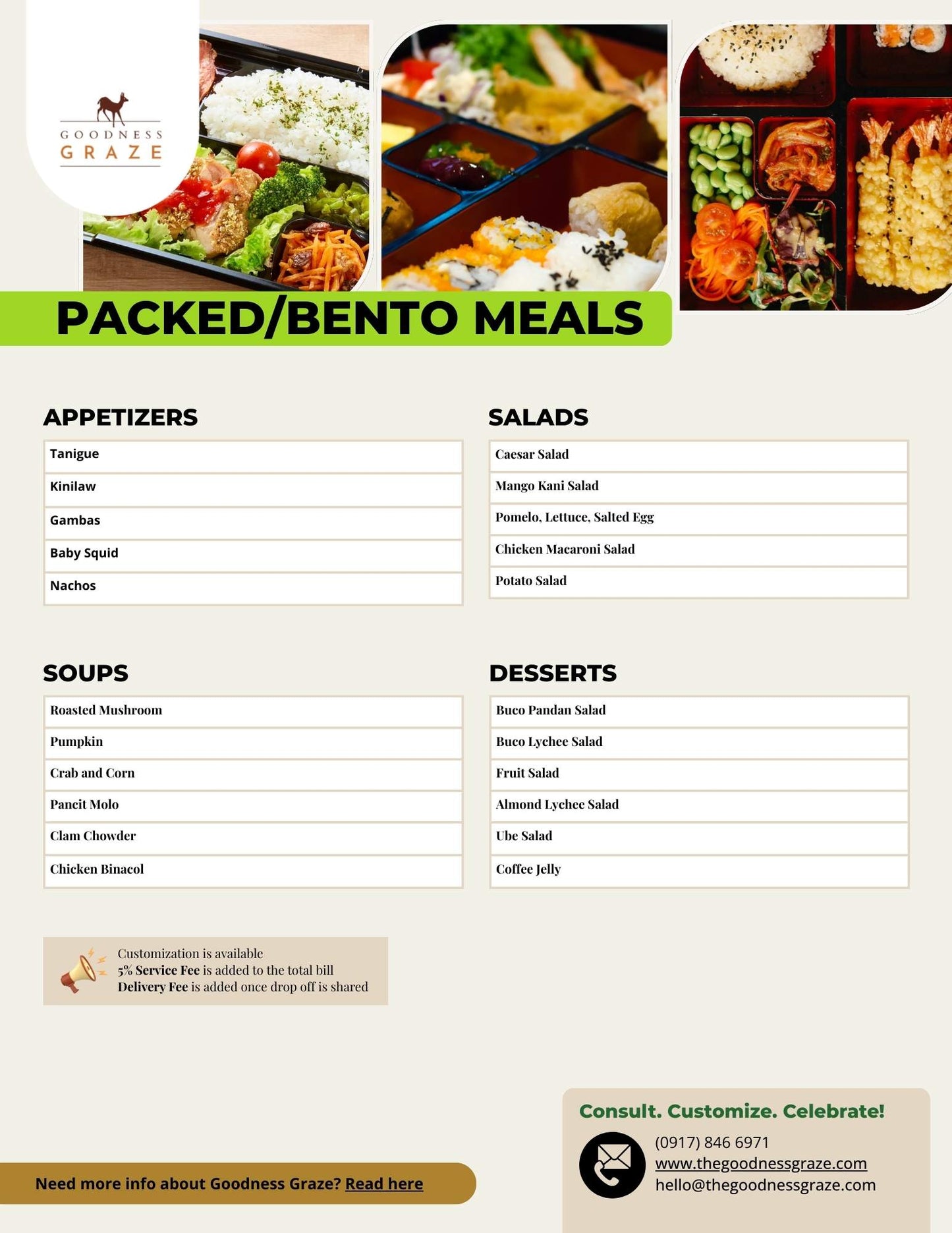 Menu for Goodness Graze packed/bento meals with images of food and contact information.