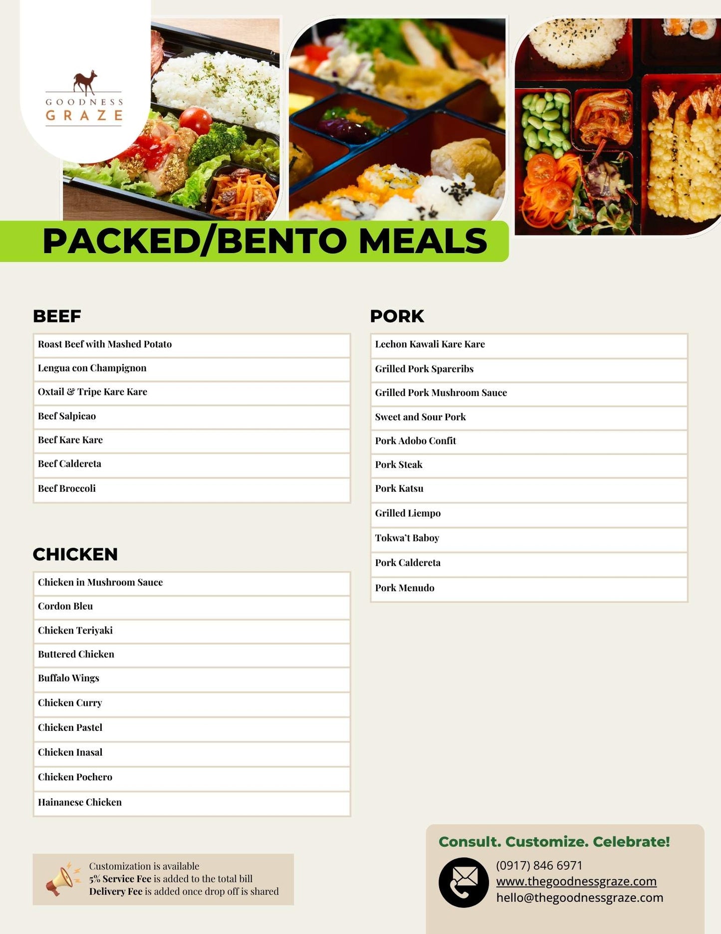 Menu for packed/bento meals with images of various dishes and a list of available options.