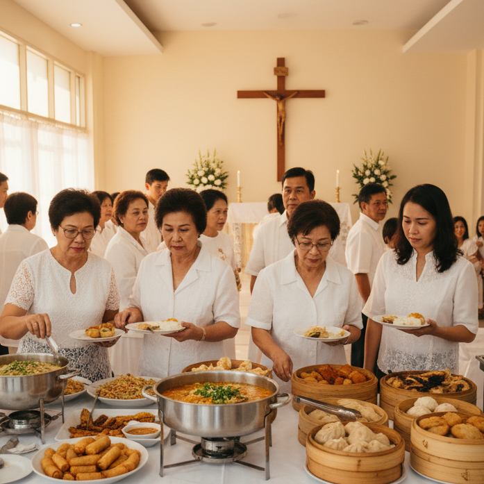 Group of people at a buffet table in a church setting with food and cross in the background