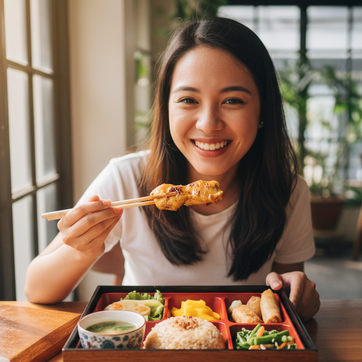 Woman enjoying a meal with a bento box in a bright room