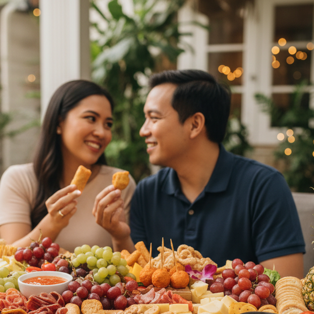 Couple enjoying a platter of food outdoors with festive decorations.