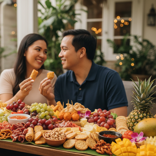 Couple enjoying a platter of food outdoors with festive decorations.